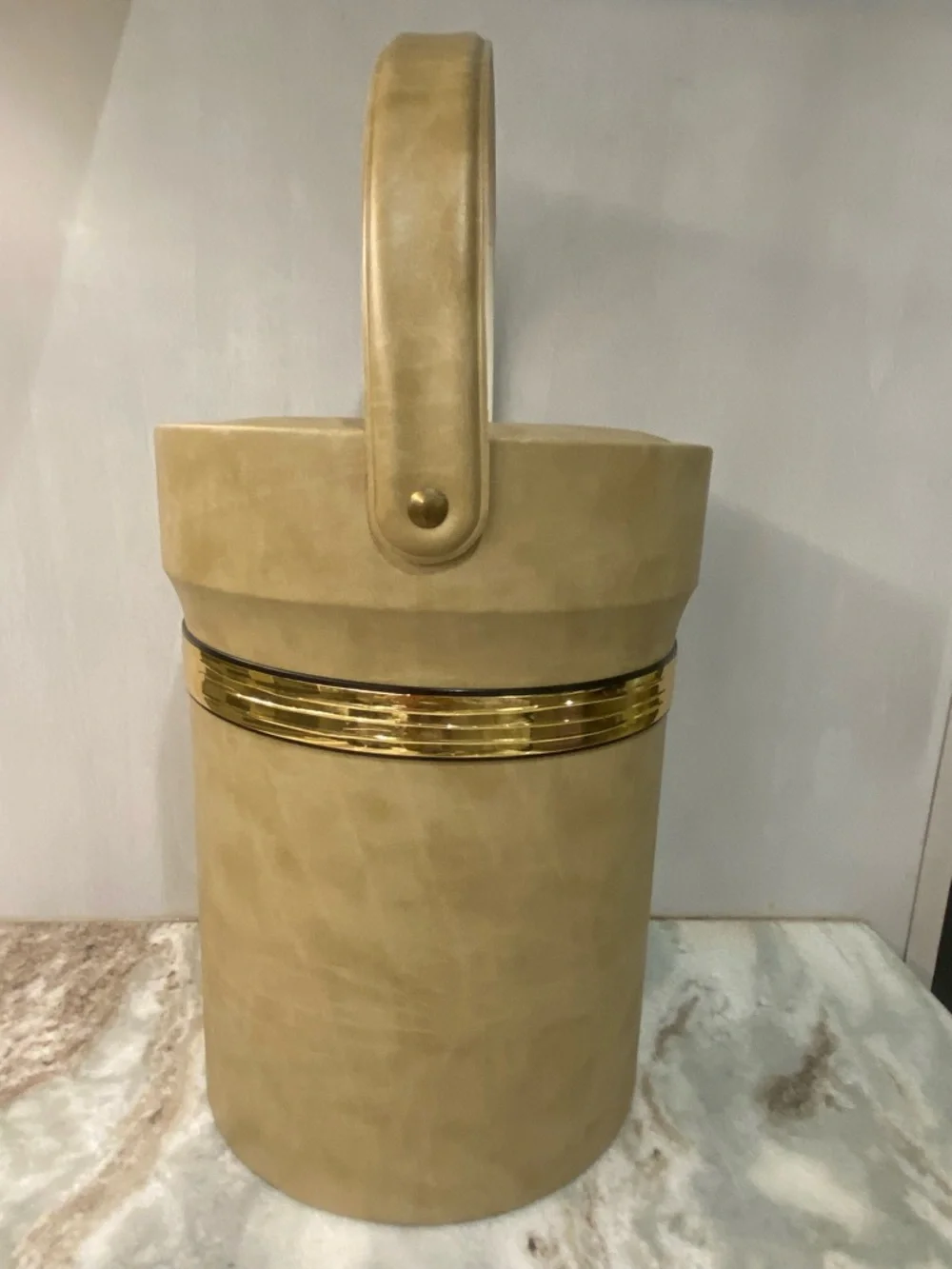 Vintage Shelton Ware MCM Faux Leather Ice Bucket Gold Trim